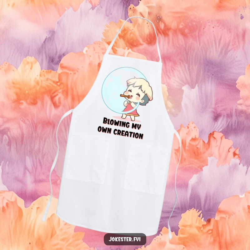 Funny excited character blowing a huge bubble with a stick, cooking apron, kitchen accessory, cartoon art, humorous gift.