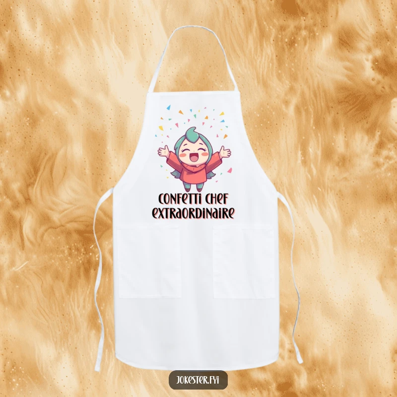 Funny Confetti Apron: A delighted character wears an apron and throws confetti, bringing festive cheer to cooking.