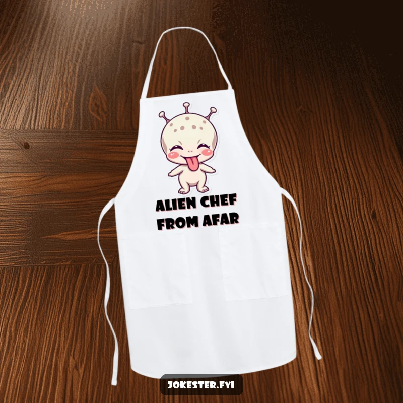Funny apron featuring a giggling alien character playfully sticking out its tongue while cooking in the kitchen.