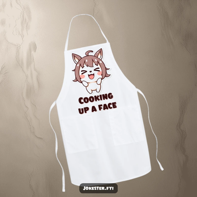 Funny joyful character making a silly face and crossing its eyes, cooking apron, kitchen accessory, goofy design, humorous gift.