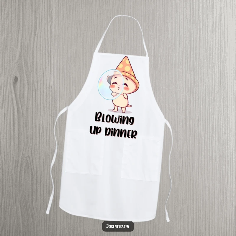 Funny apron with a giggling character in a cone hat, blowing a spectacular, oversized bubble. Ideal for messy fun and lighthearted kitchens.