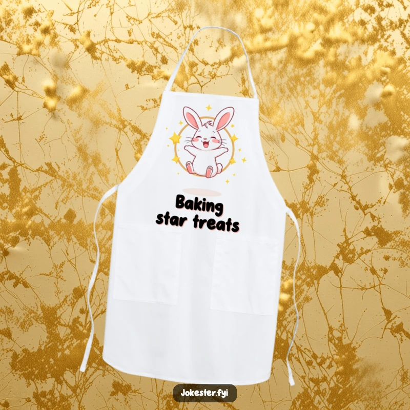 Funny apron showing a giggling rabbit jumping through a hoop of sparkling stars, great for cooking.