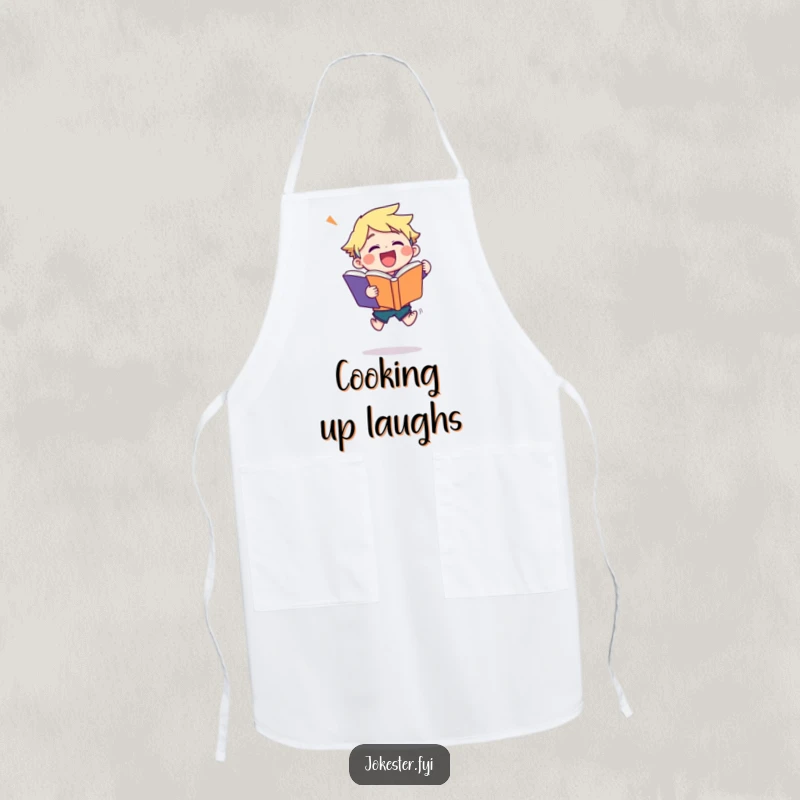 Funny joke book apron depicting a character in a joyful leap, holding a giant joke book, ready to serve up laughs and meals.