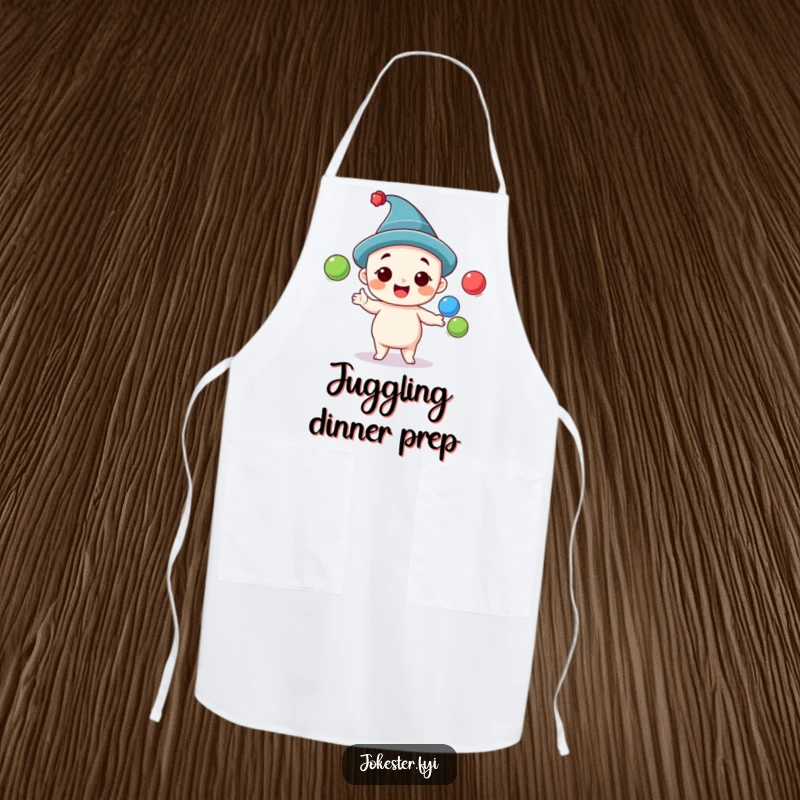 Funny juggling apron showing a cheerful character in a silly hat, masterfully juggling three colorful balls while cooking, adding fun to the kitchen.