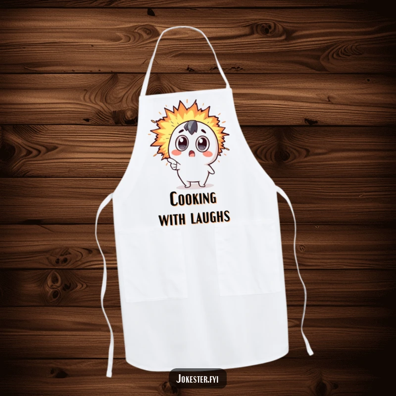 Funny Kawaii character with wide eyes pointing at a colorful explosion of humor on a kitchen apron, for funny cooking.