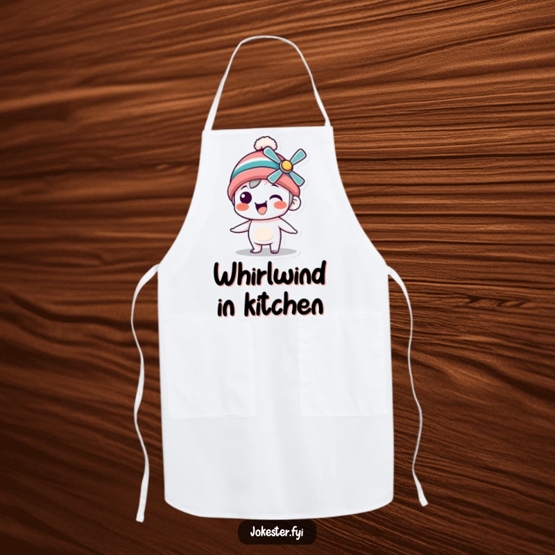 Funny Apron showcasing a silly character in a propeller beanie spinning with joy, ideal for kitchen fun and protecting clothes.