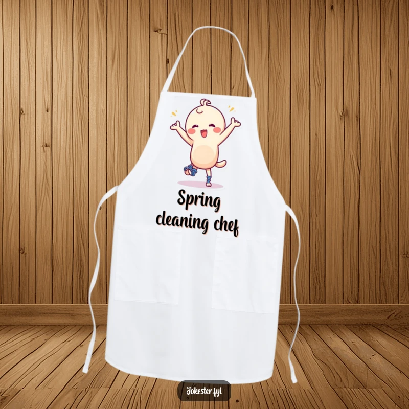 Funny Apron: A character with oversized springs on its feet is depicted in a funny, lively dance while preparing food, adding humor to cooking.