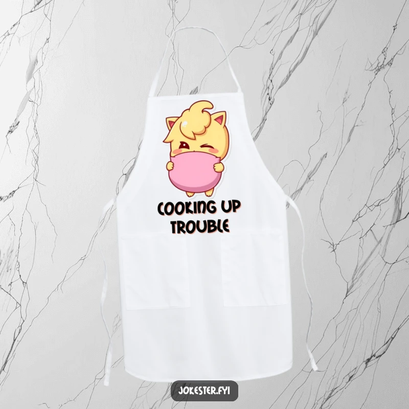 Funny whoopee cushion apron showing a mischievous winking character holding a whoopee cushion, ready to serve up laughs and meals.