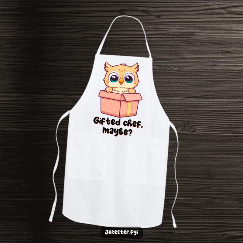 Funny owl apron showcasing a cheerful owl popping out of a gift box with a surprised look, great for cooking.