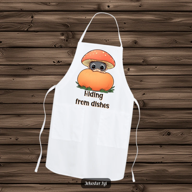 Funny apron showing a curious character in a funny mask, peeking from behind a huge, colorful puffball mushroom. Ideal for playful cooking.