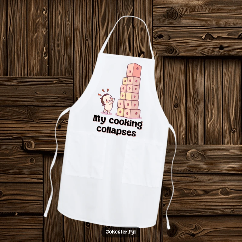 Funny apron designed with a delighted character watching a comical explosion of collapsing cubes. Ideal for messy, fun culinary creations.
