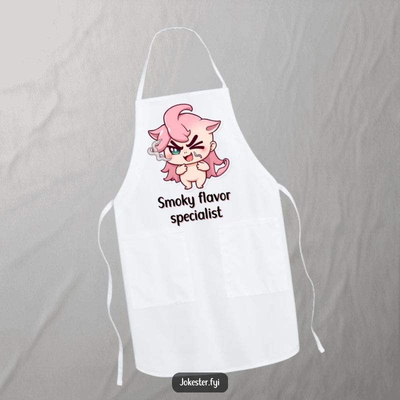Funny Apron depicting a winking smoke mage, perfect for kitchen magic and humorous cooking sessions.