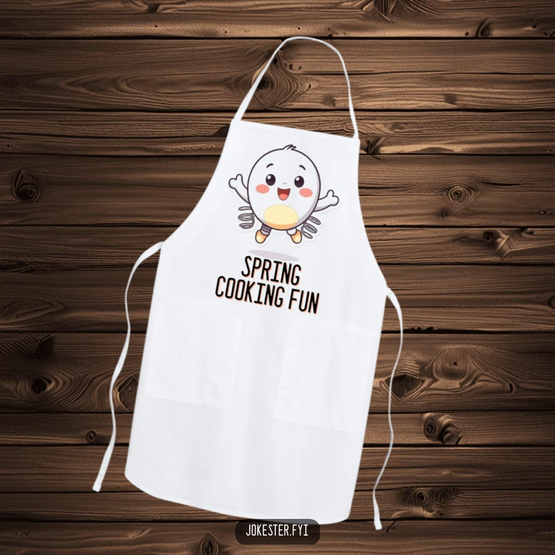 Funny apron showing a cheerful character with springs on its feet, bouncing gleefully, ideal for kitchen fun and energy.