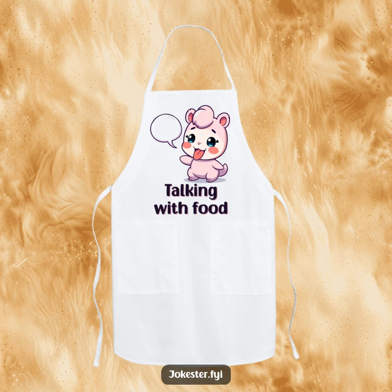 Funny apron showing a playful character sticking its tongue out at a speech bubble, ideal for kitchen fun and sass.