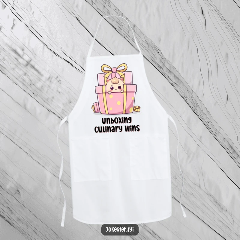 Funny Apron depicting a curious character peeking around a colorful gift box, perfect for fun and mystery.