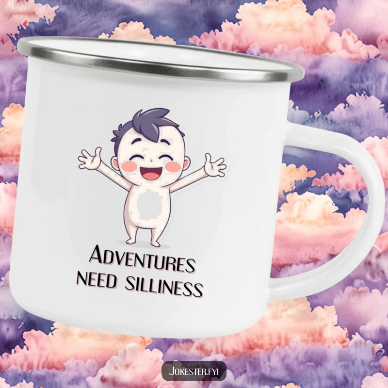 Funny Camping Mug with a joyful character in a silly, exaggerated pose, durable and charming for adventures.
