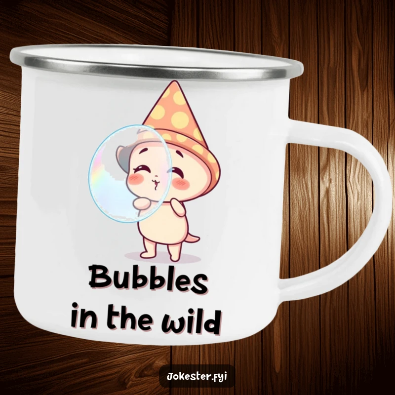 Funny camping mug showcasing a giggling character in a cone hat, blowing a massive, colorful bubble against an outdoor backdrop. Ruggedly amusing.