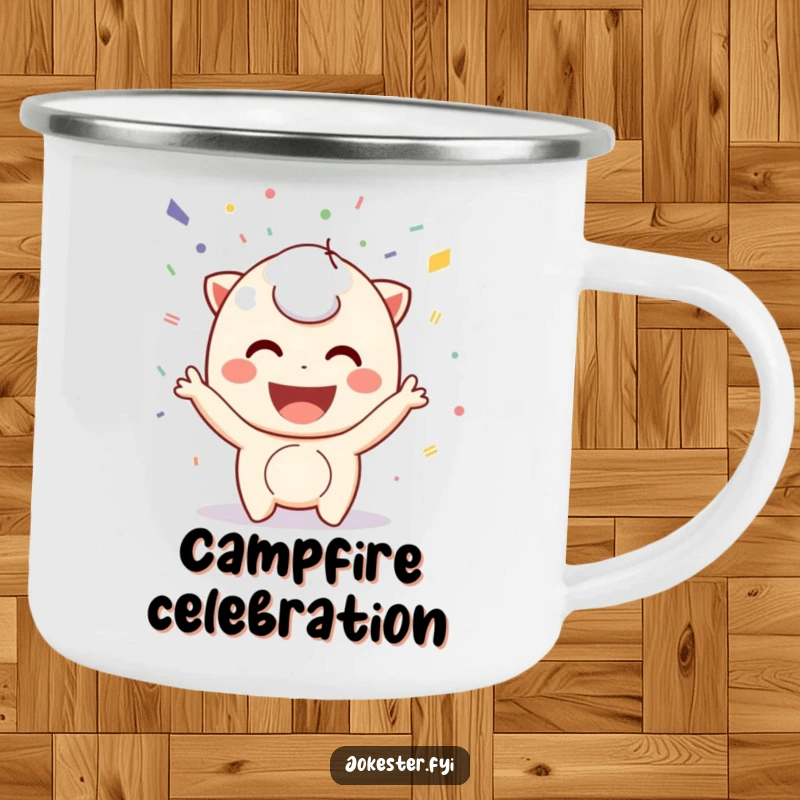 Funny confetti camping mug, a playful character smiling and throwing confetti by a campfire. A humorous and festive outdoor mug.