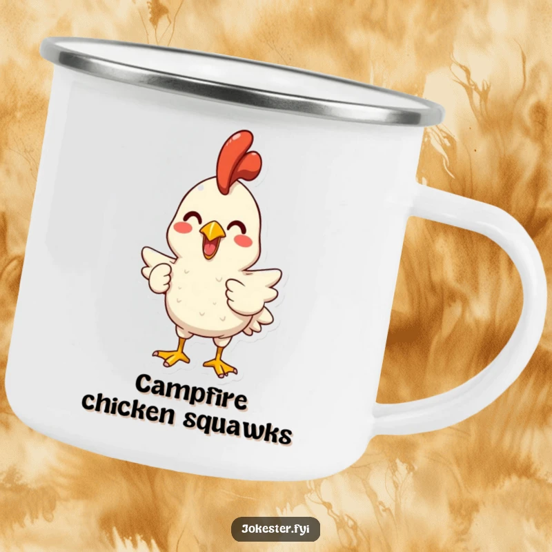 Funny camping mug with a joyful character holding a rubber chicken, poised for a hilarious squawk. Durable and amusing for outdoor use.