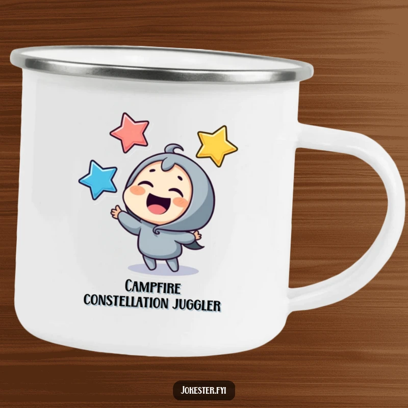 Funny juggling stars camping mug, a giggling character delighting in tossing stars under a night sky. A humorous and rugged outdoor mug.