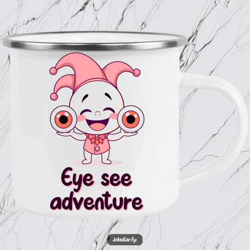 Funny camping mug with a laughing jester in a hat juggling three oversized, wobbly eyeballs, ready for outdoor adventures.