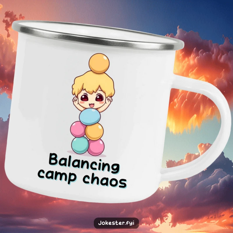 Funny mischievous character balancing a stack of colorful balls precariously, enamel camping mug, outdoor drinkware, juggling design, funny adventure gift.