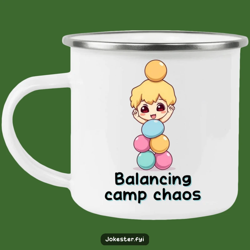 Funny Balancing Balls Camping Mug - Mischievous Character Outdoor Gift