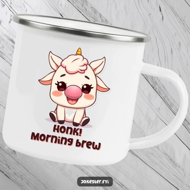 Funny Camping Mug: A character wearing a clown nose joyfully honks a small horn, ideal for humorous outdoor adventures and beverages.