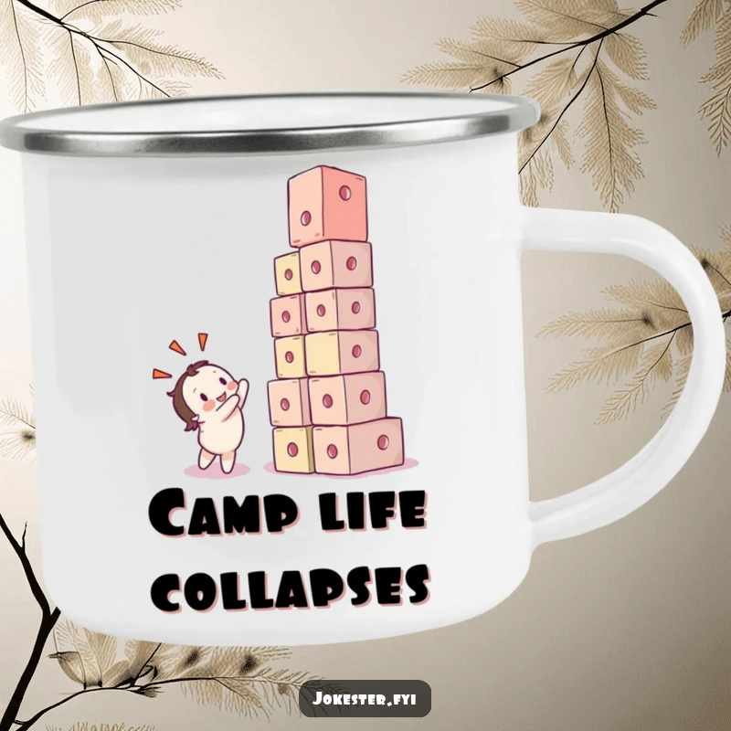 Funny camping mug with a delighted character watching a comical, tumbling tower of cubes. Durable and amusing for outdoor use.