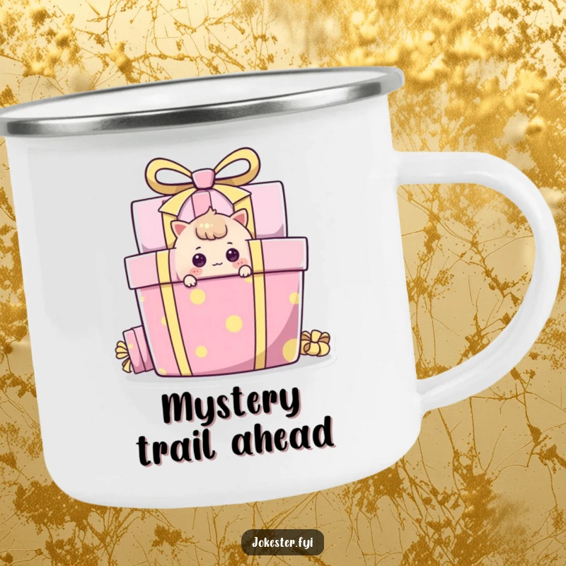 Funny Camping Mug with a curious character peeking around a gift box, durable and charming for adventures.