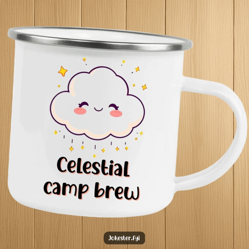 Funny camping mug depicting a happy cloud character raining sparkling stars under the night sky.