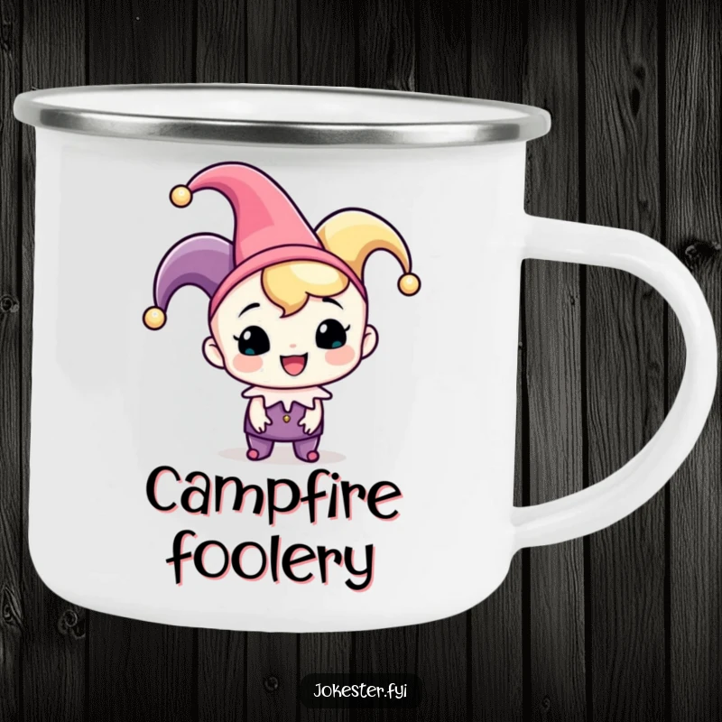Funny jester camping mug, a cheerful character in a jester hat playfully tipping it by a campfire. A humorous and festive outdoor mug.