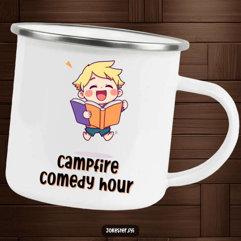 Funny joke book camping mug showing a character in a joyful leap, holding a giant joke book, perfect for outdoor coffee breaks.