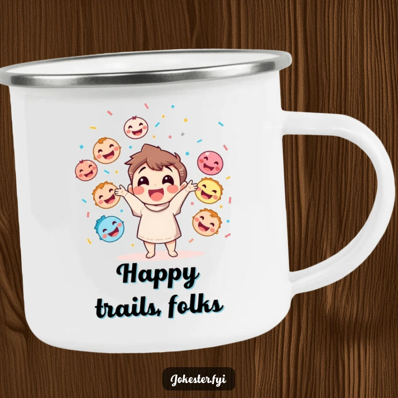 Funny camping mug with a happy character throwing confetti while juggling colorful laughing faces, ready for adventure.