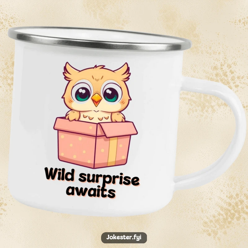 Funny owl camping mug with a cheerful owl popping out of a gift box with a surprised look, ready for adventures.