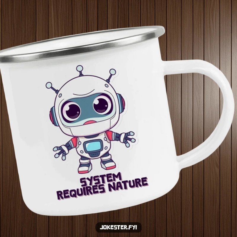 Funny robot camping mug, a surprised character with huge googly eyes, looking around playfully, ideal for outdoor humor.