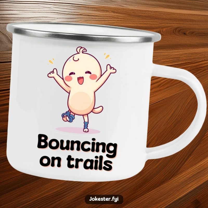 Funny Camping Mug: A character with large springs on its feet doing a silly dance, ideal for humorous outdoor adventures and hot beverages.