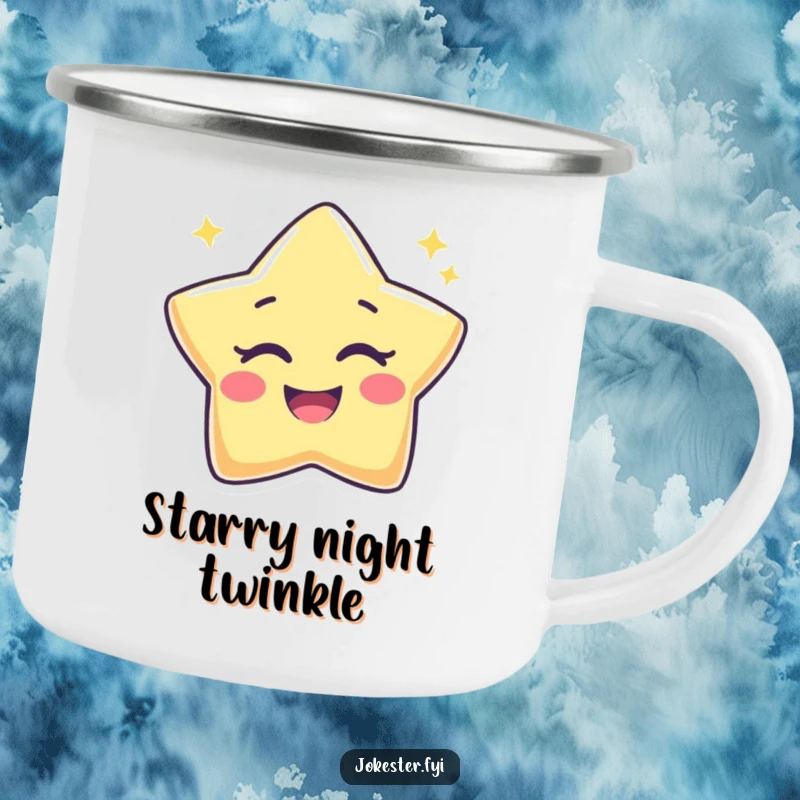 Funny Star Camping Mug showing a joyful star character winking with a playful twinkle, ideal for enjoying drinks under the night sky.