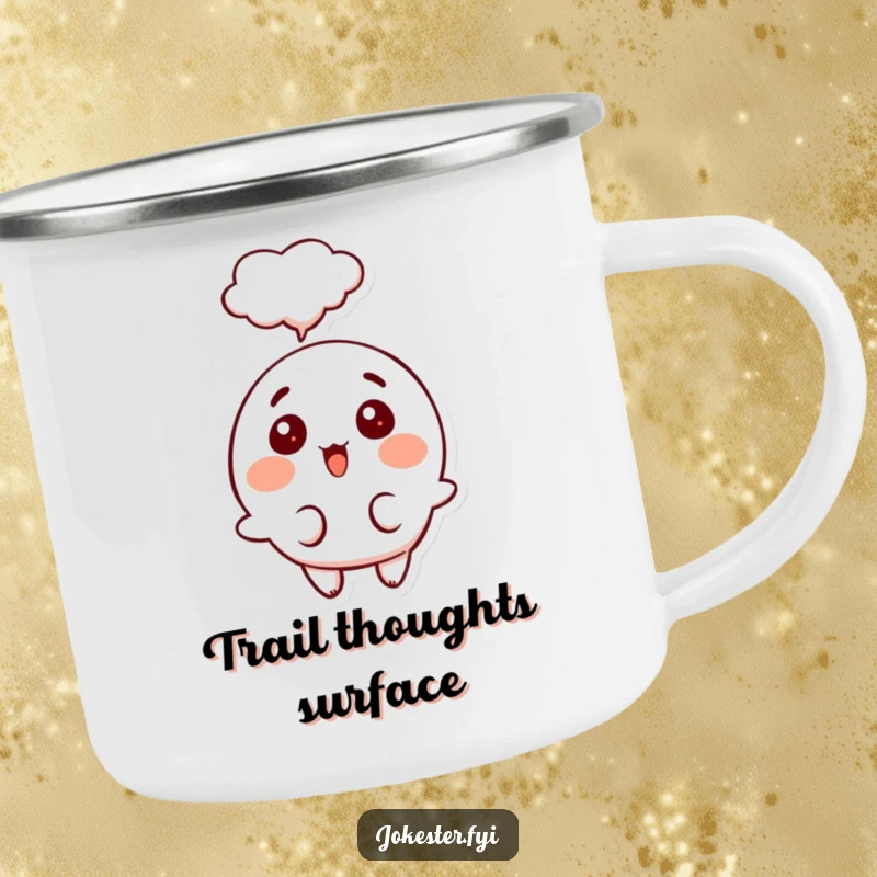 Funny surprised thought camping mug, a happy character with a surprised expression and a thought bubble, perfect for outdoor enjoyment.