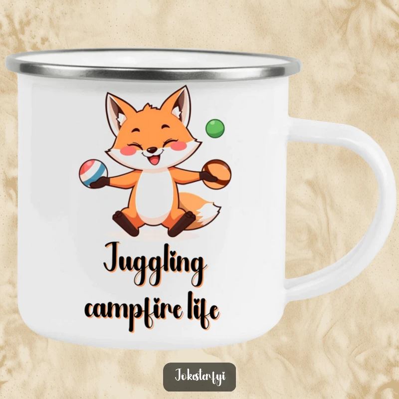 A witty fox juggles three balls on this sturdy camping mug, perfect for enjoying drinks outdoors with a laugh.