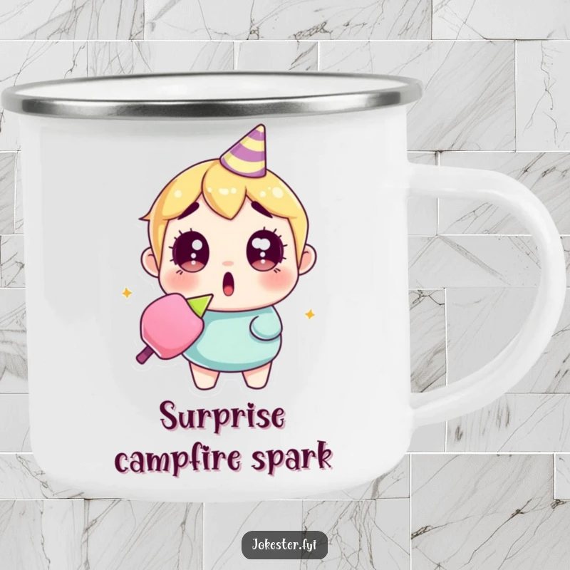 Funny surprised party popper camping mug showing a character with wide eyes, holding a discharged party popper, perfect for outdoor coffee.