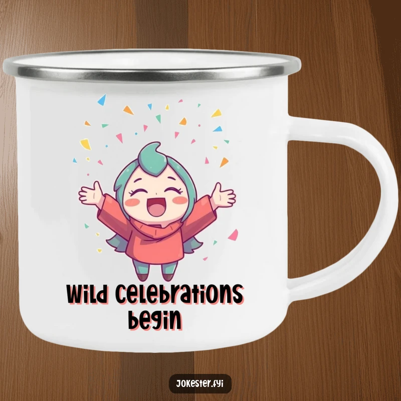Funny Confetti Camping Mug: A delighted character throws confetti from a camping mug, celebrating outdoors.