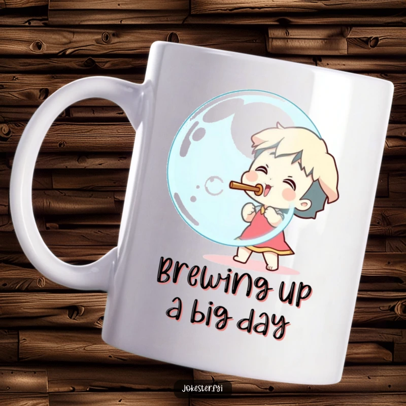 Funny excited character blowing a huge bubble with a stick, joyful bubble art, playful character design, humorous mug gift.
