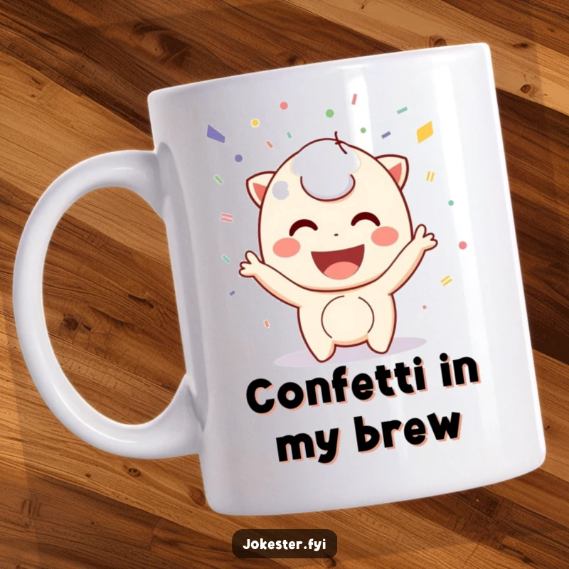 Funny confetti mug, a playful character with a wide smile throwing colorful confetti into the air, celebrating joyfully.
