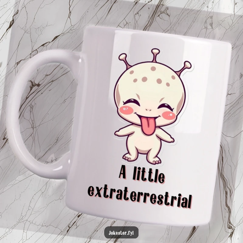 Funny mug featuring a smiling, giggling alien character playfully sticking out its purple tongue.