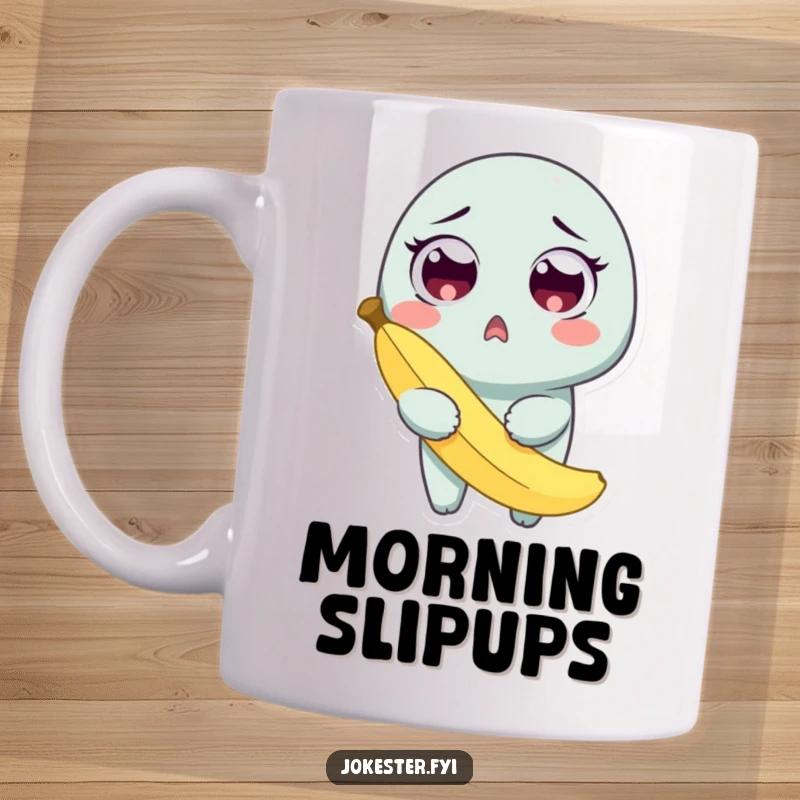 Funny mug showing a surprised character with wide eyes, holding a banana peel after just slipping on it comically.