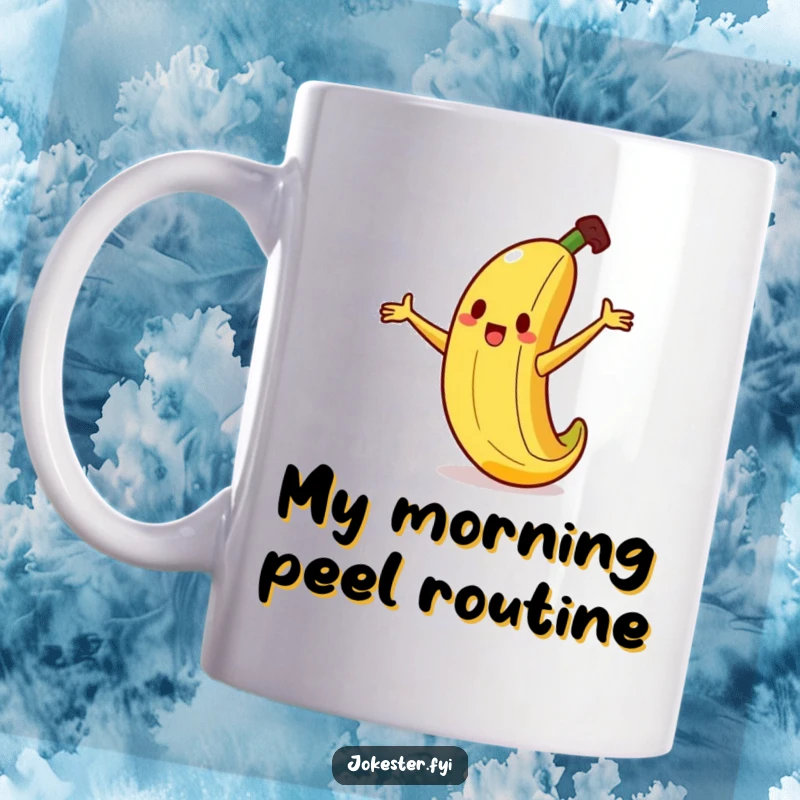 Funny banana mug with a silly banana character comically slipping on a tiny peel, arms flailing, bringing pure cartoon joy.