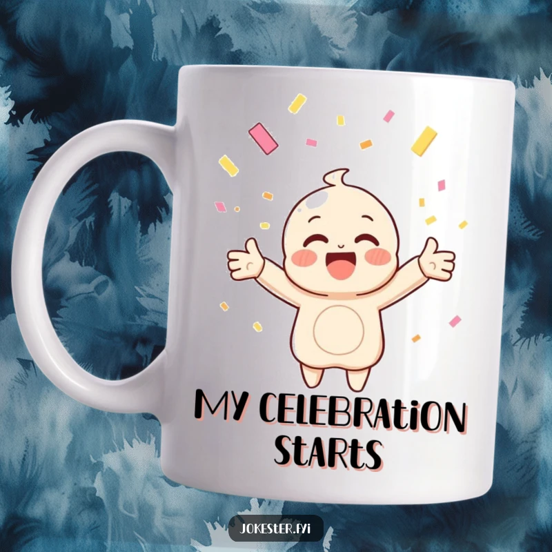Funny mug featuring a happy character with arms outstretched, joyfully catching falling confetti, embodying pure celebration and delight.