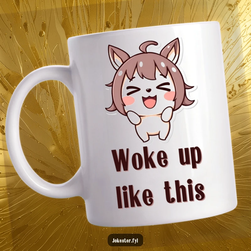 Funny joyful character making a silly face and crossing its eyes, goofy expression, playful cartoon art, humorous mug gift.