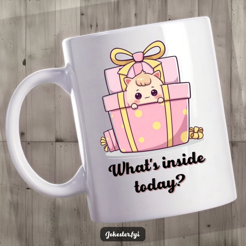Funny Mug of a curious character peeking around a giant, colorful gift box, full of mystery and humor.